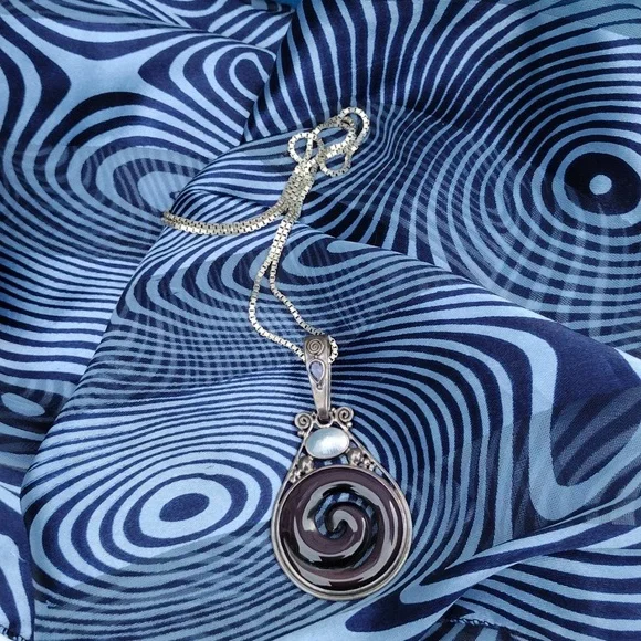 RARE SAJEN Sterling Silver Amethyst Purple Cats Eye Spiral Pearl Pendant w Chain